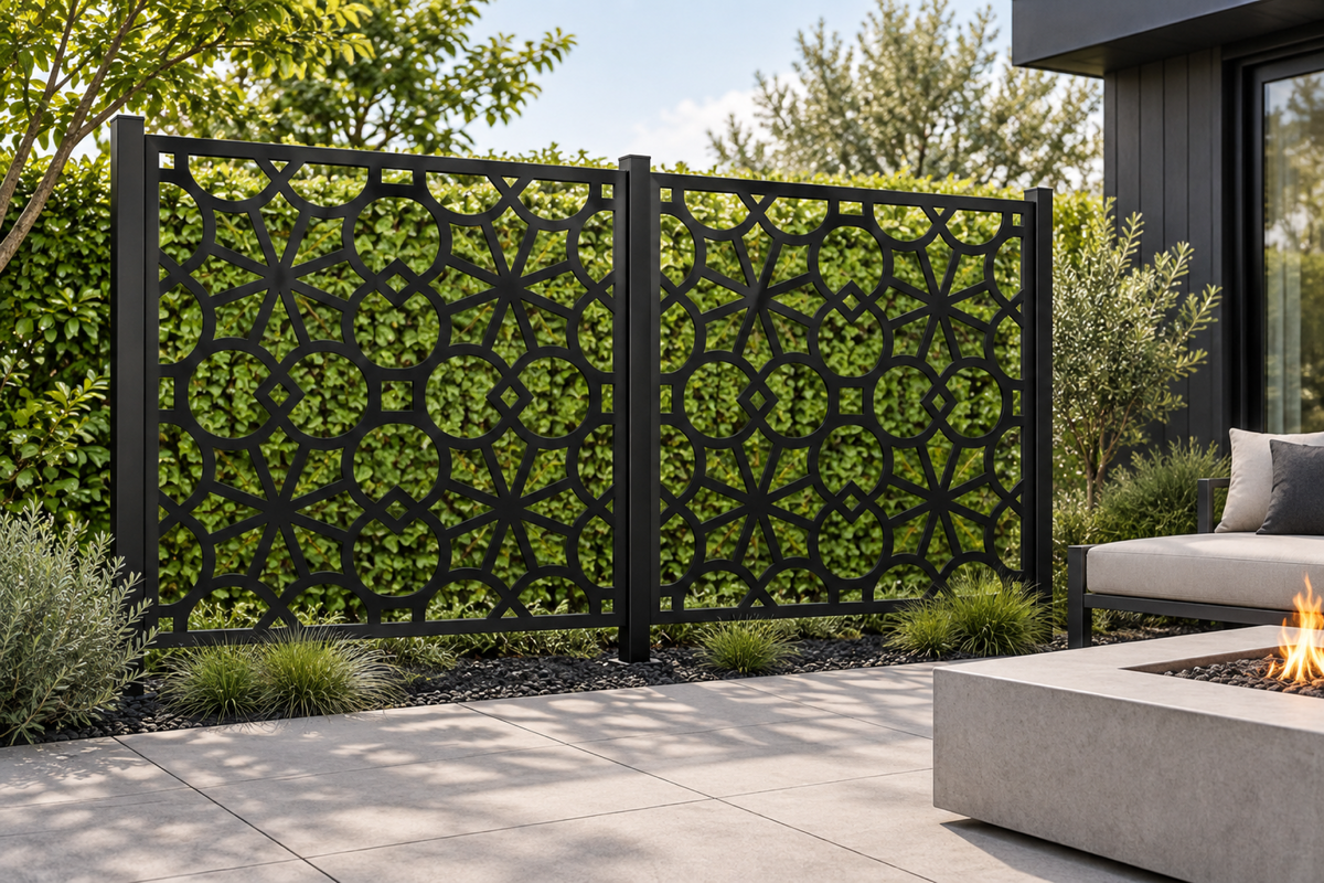 Design 282 Octagon Star Lattice Laser Cut Metal Privacy Screen Panel installed garden daylight view