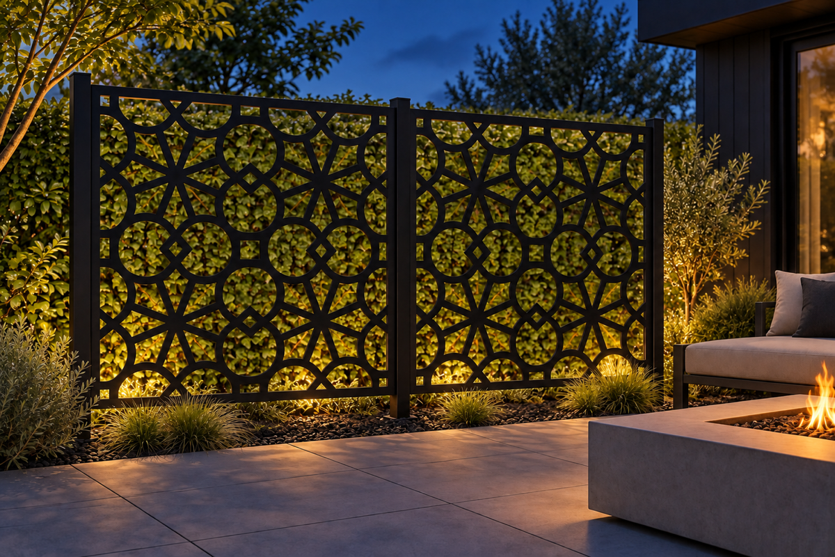 Design 282 Octagon Star Lattice Laser Cut Metal Privacy Screen Panel installed garden night lighting view