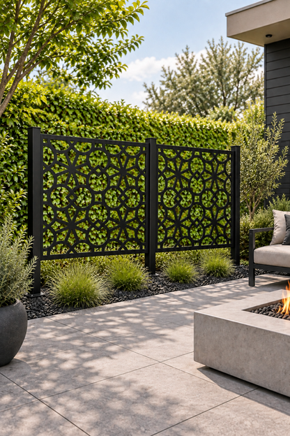 Design 282 Octagon Star Lattice Laser Cut Metal Privacy Screen Panel oblique angle view