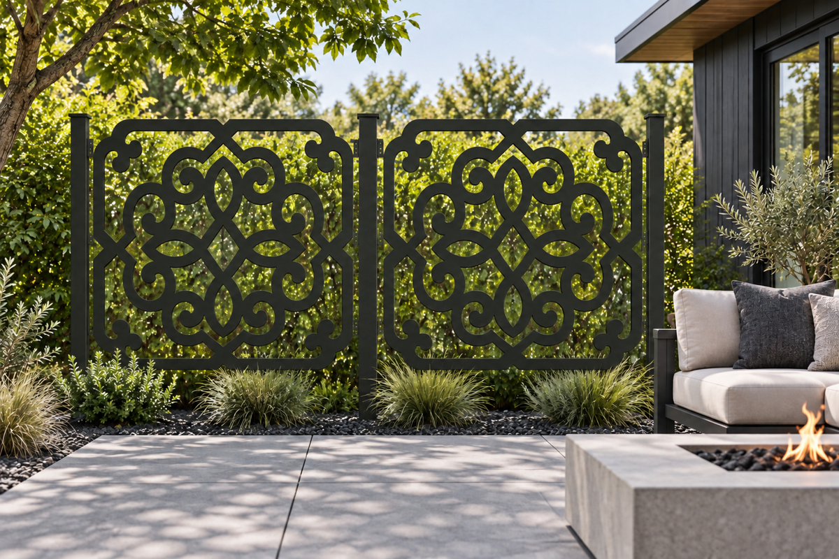 Design 283 Ornate Knot Medallion Laser Cut Metal Privacy Screen Panel installed garden daylight view