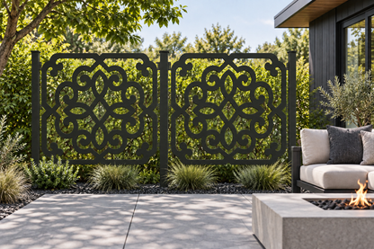 Design 283 Ornate Knot Medallion Laser Cut Metal Privacy Screen Panel installed garden daylight view