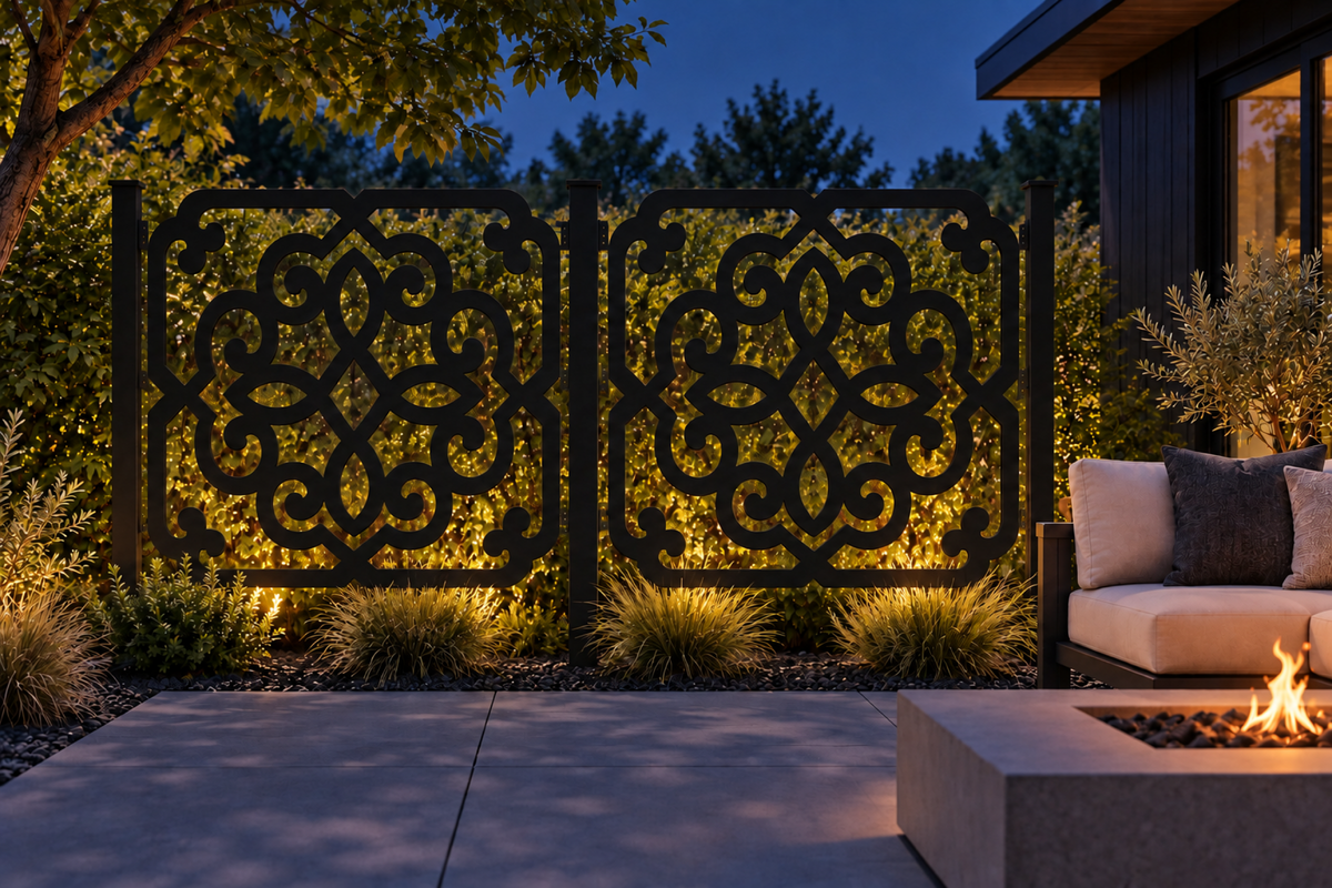 Design 283 Ornate Knot Medallion Laser Cut Metal Privacy Screen Panel installed garden night lighting view