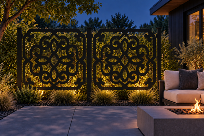 Design 283 Ornate Knot Medallion Laser Cut Metal Privacy Screen Panel installed garden night lighting view