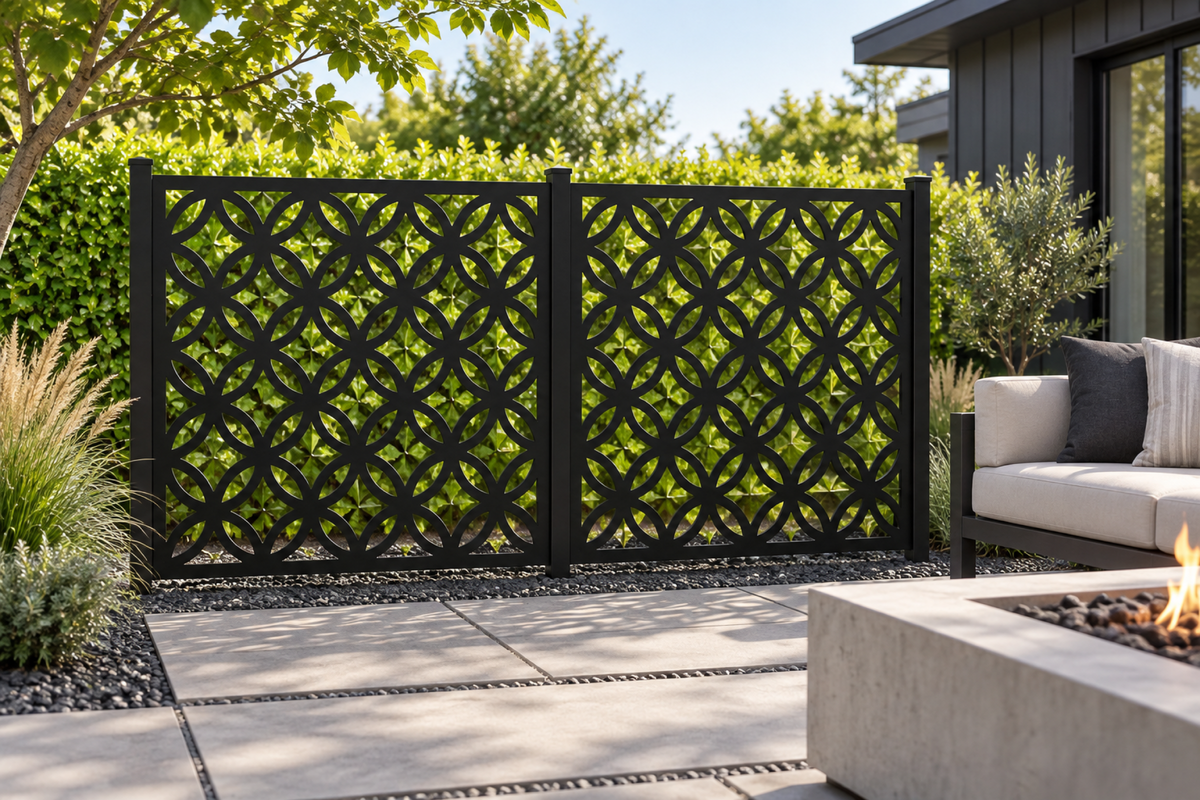 Design 284 Four Petal Ring Grid Laser Cut Metal Privacy Screen Panel installed garden daylight view