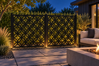 Design 284 Four Petal Ring Grid Laser Cut Metal Privacy Screen Panel installed garden night lighting view