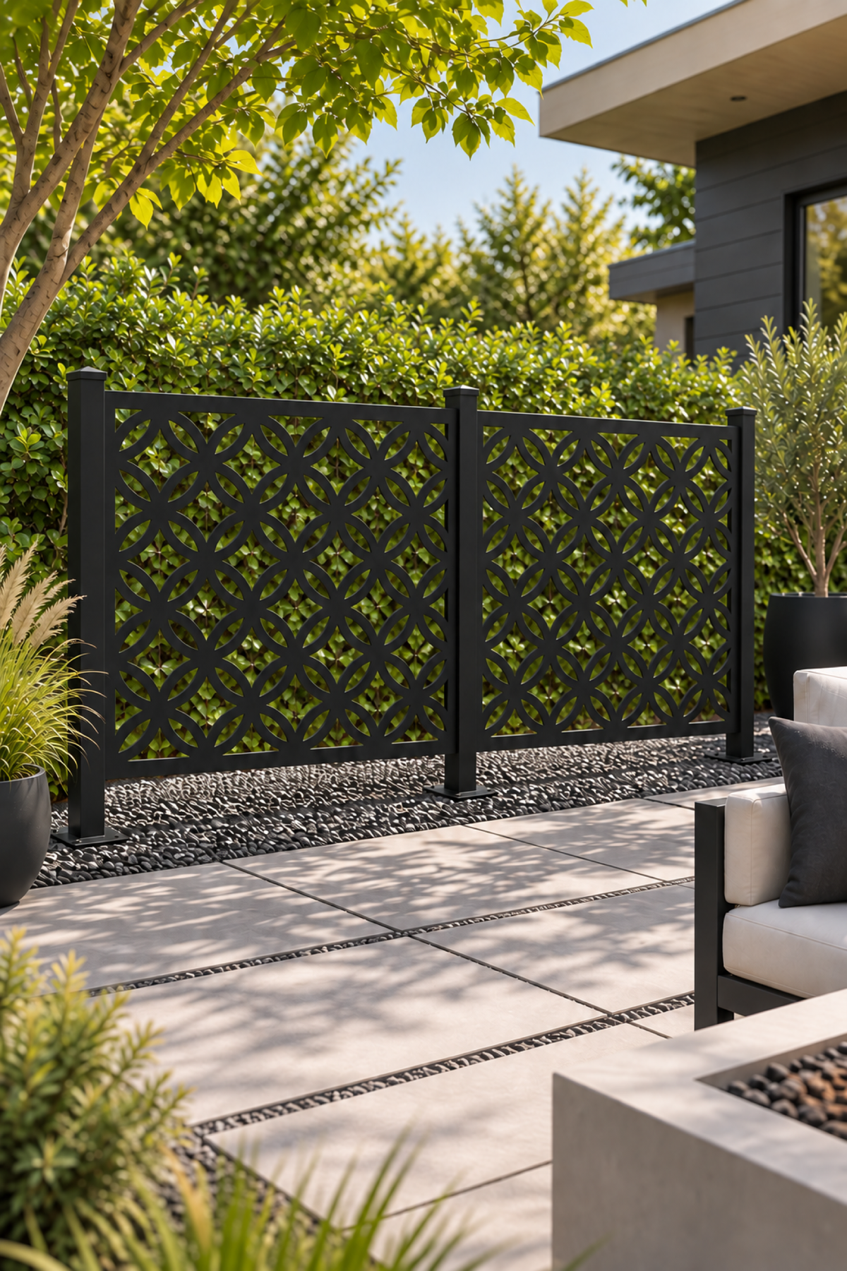 Design 284 Four Petal Ring Grid Laser Cut Metal Privacy Screen Panel oblique angle view