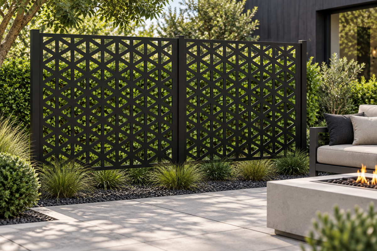 Design 285 Isometric Cube Grid Laser Cut Metal Privacy Screen Panel installed garden daylight view
