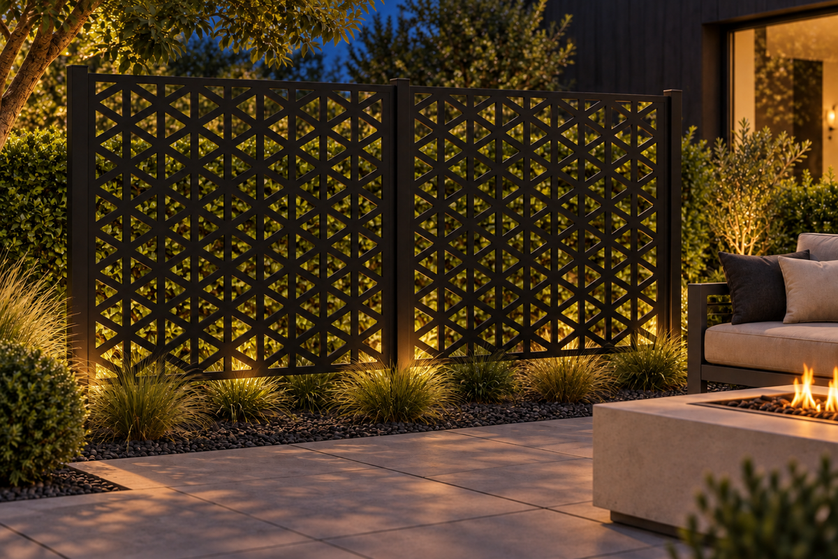 Design 285 Isometric Cube Grid Laser Cut Metal Privacy Screen Panel installed garden night lighting view