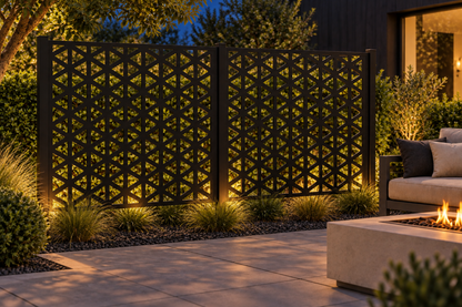 Design 285 Isometric Cube Grid Laser Cut Metal Privacy Screen Panel installed garden night lighting view