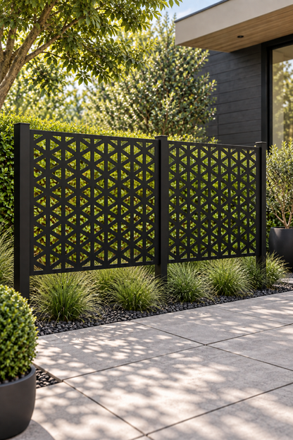 Design 285 Isometric Cube Grid Laser Cut Metal Privacy Screen Panel oblique angle view