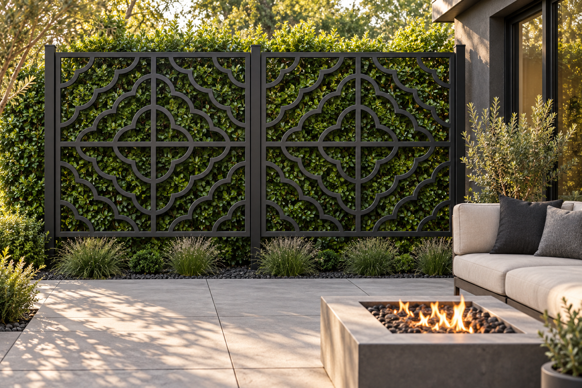 Design 286 Scalloped Cross Tile Laser Cut Metal Privacy Screen Panel installed garden daylight view
