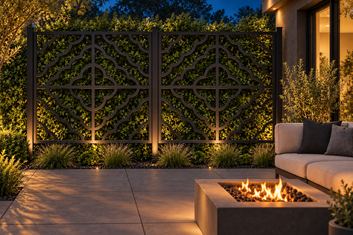 Design 286 Scalloped Cross Tile Laser Cut Metal Privacy Screen Panel installed garden night lighting view