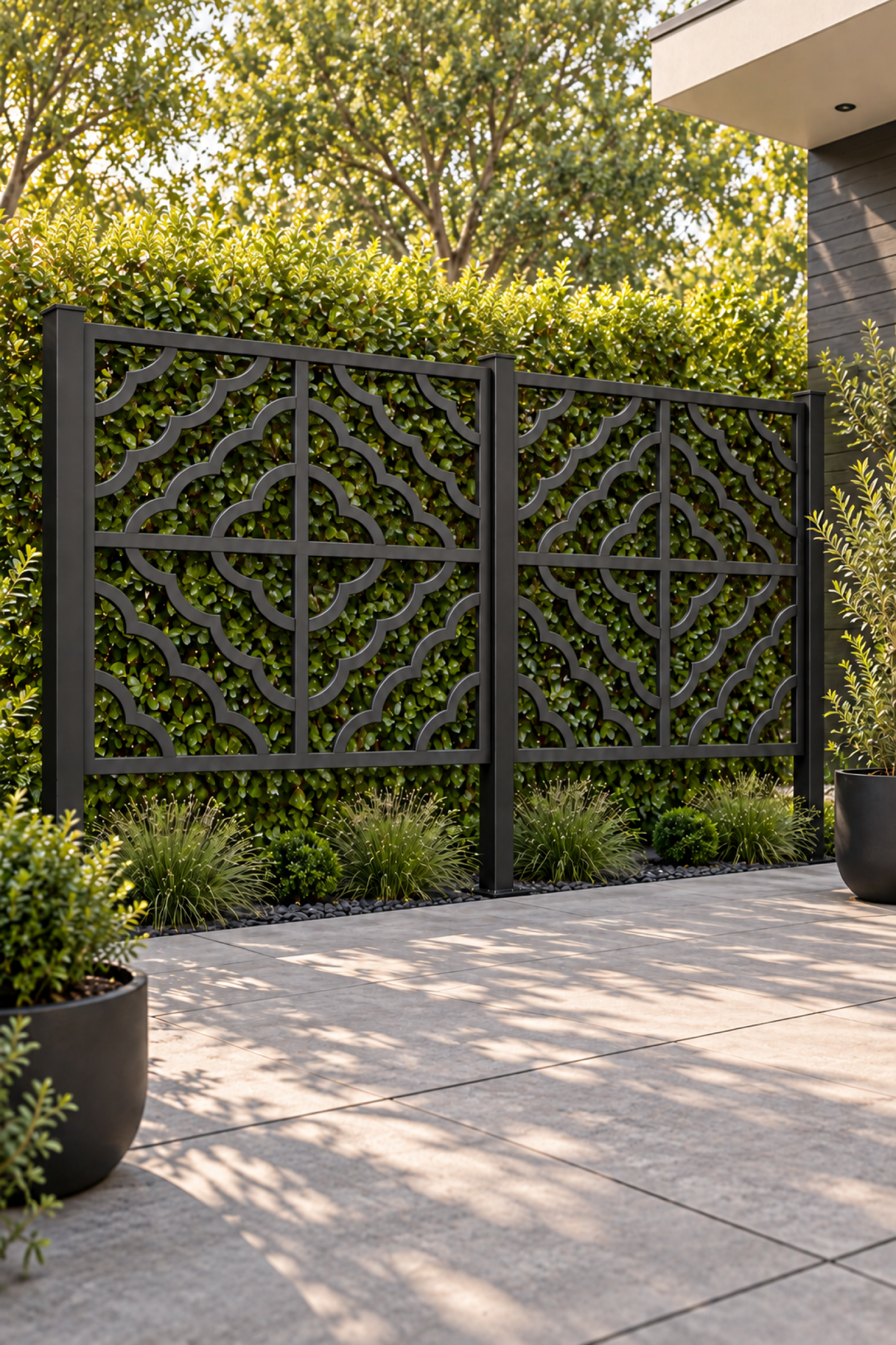 Design 286 Scalloped Cross Tile Laser Cut Metal Privacy Screen Panel oblique angle view
