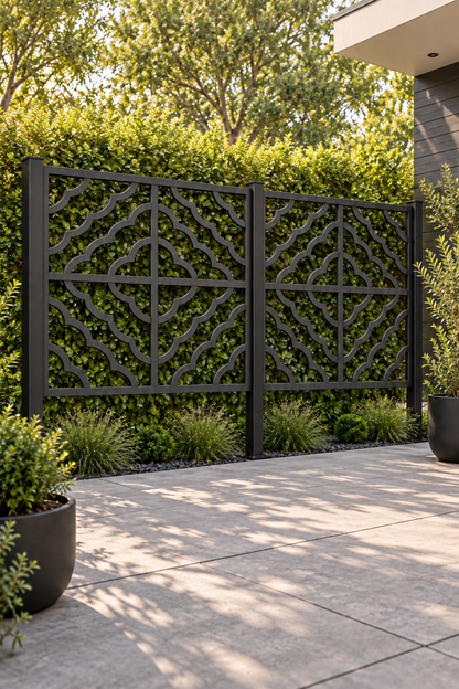 Design 286 Scalloped Cross Tile Laser Cut Metal Privacy Screen Panel oblique angle view