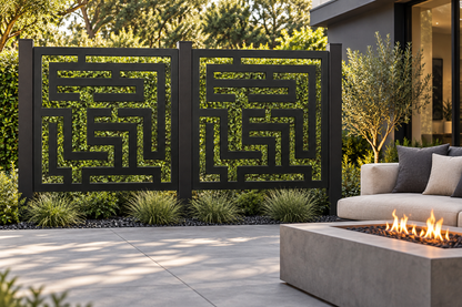 Design 287 Square Labyrinth Laser Cut Metal Privacy Screen Panel installed garden daylight view