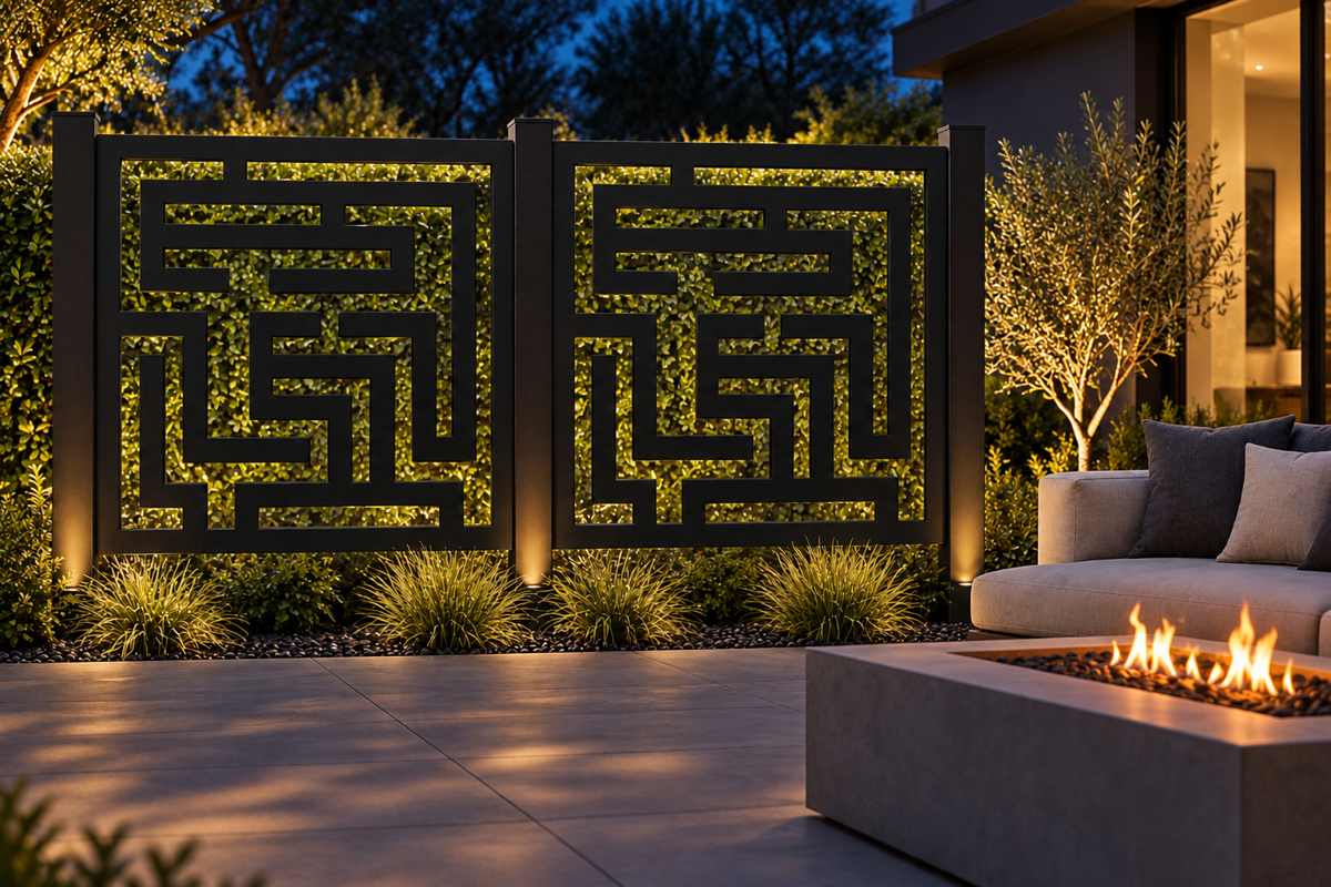 Design 287 Square Labyrinth Laser Cut Metal Privacy Screen Panel installed garden night lighting view