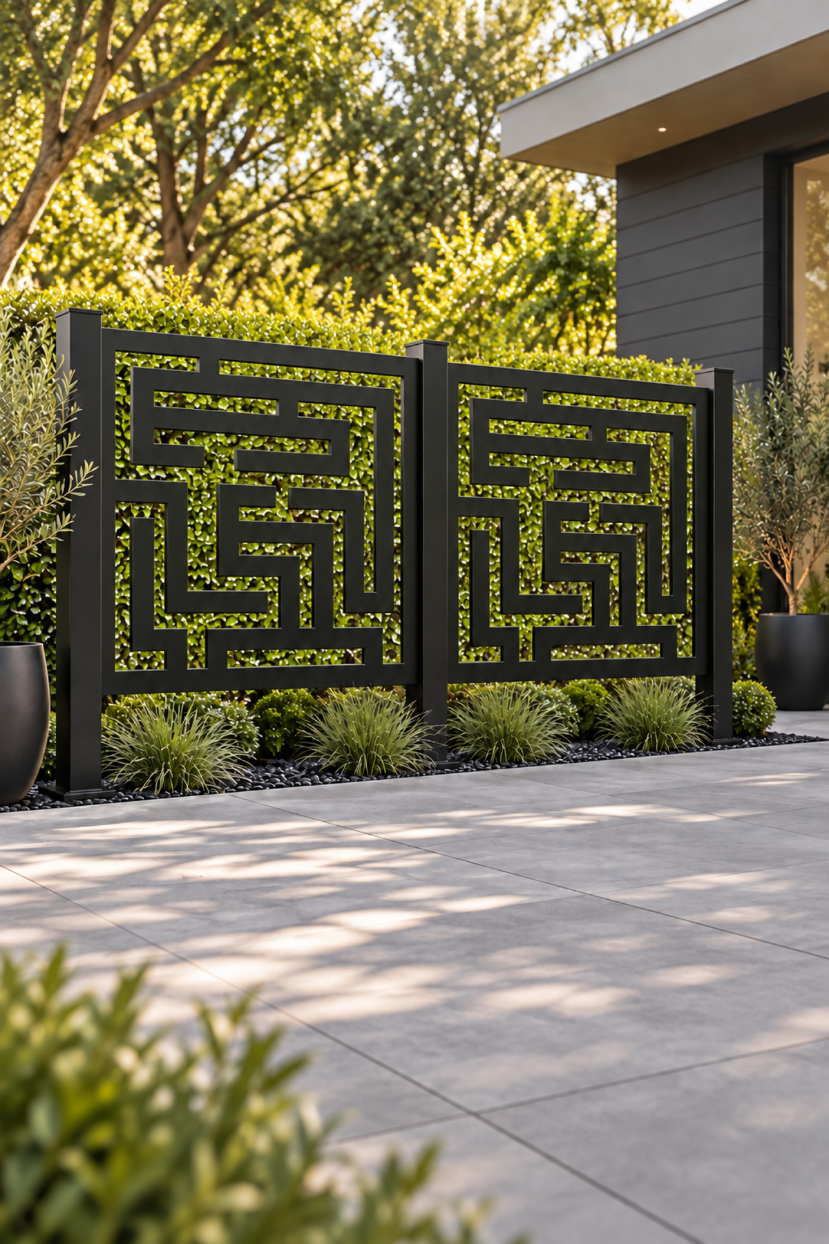 Design 287 Square Labyrinth Laser Cut Metal Privacy Screen Panel oblique angle view