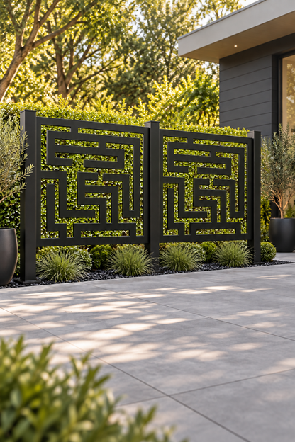 Design 287 Square Labyrinth Laser Cut Metal Privacy Screen Panel oblique angle view