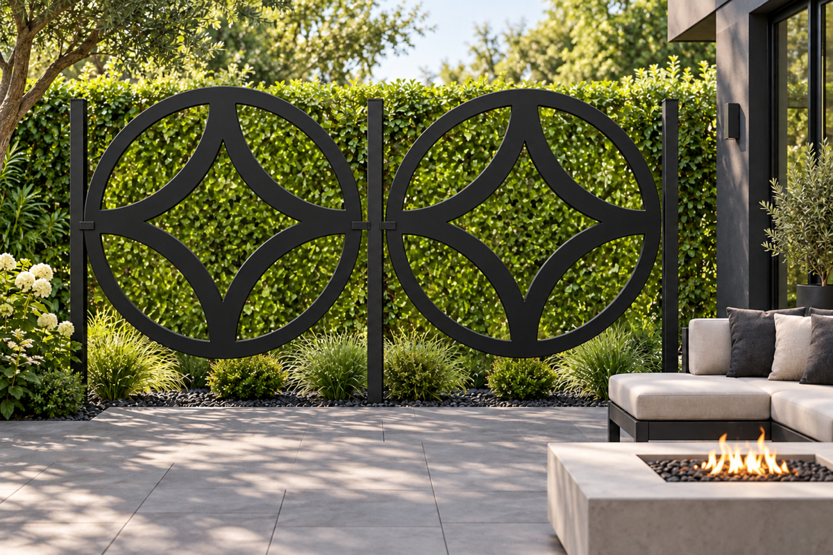 Design 288 Four Leaf Circle Laser Cut Metal Privacy Screen Panel installed garden daylight view