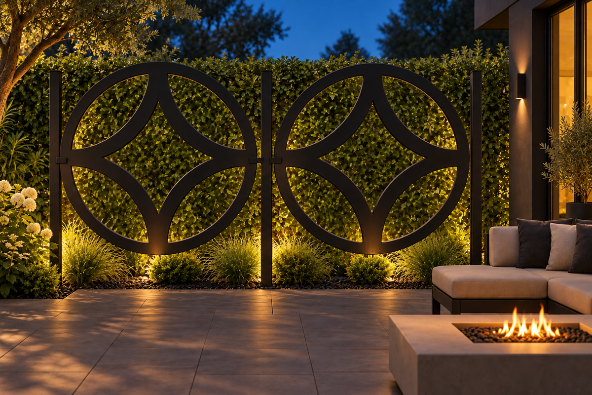 Design 288 Four Leaf Circle Laser Cut Metal Privacy Screen Panel installed garden night lighting view