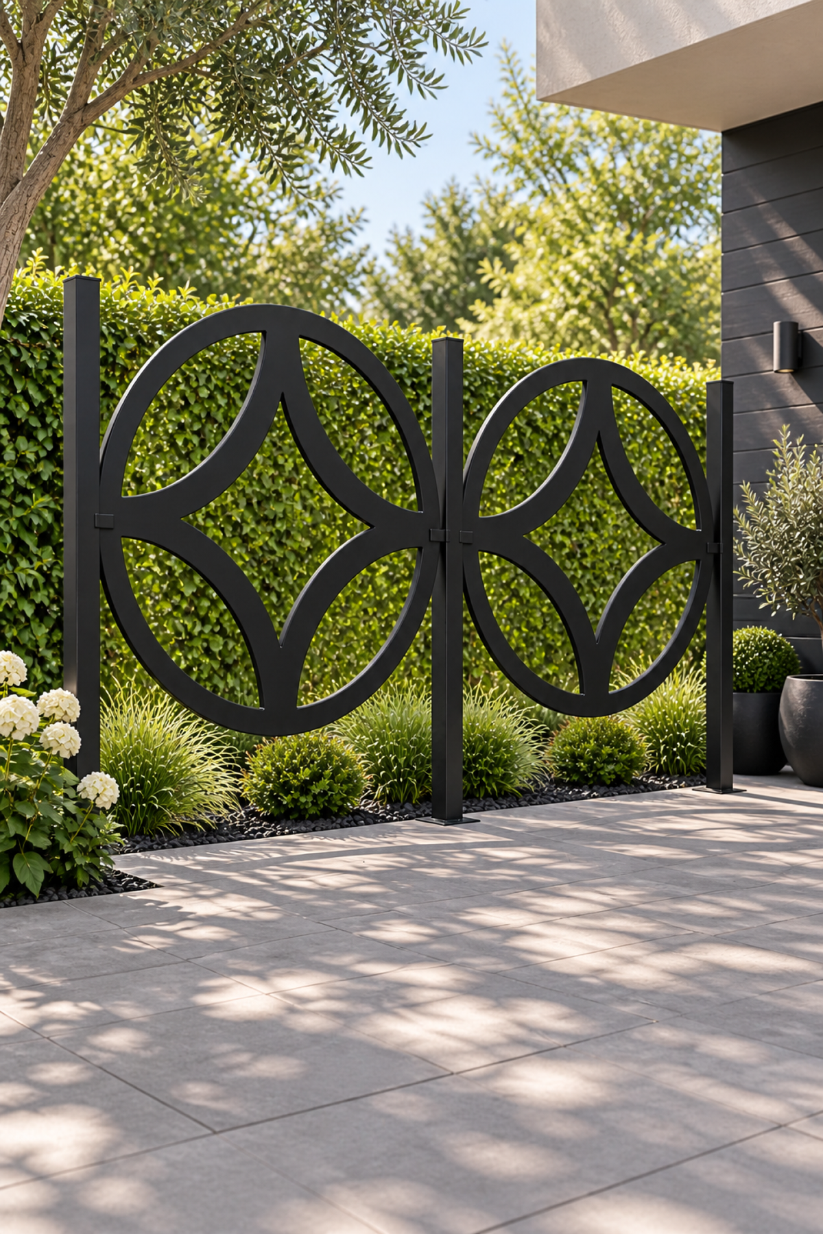Design 288 Four Leaf Circle Laser Cut Metal Privacy Screen Panel oblique angle view