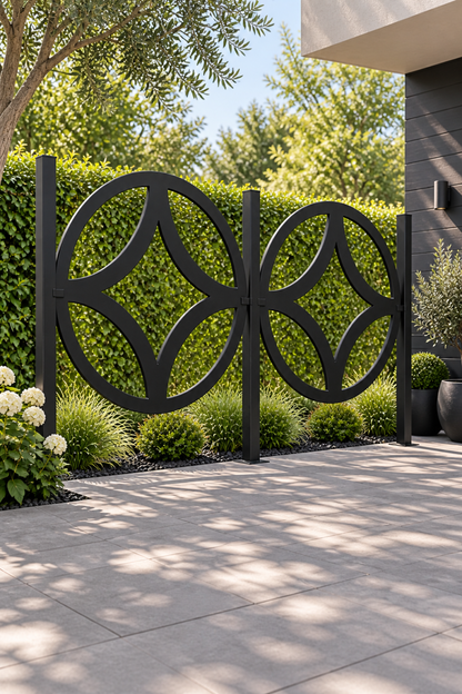 Design 288 Four Leaf Circle Laser Cut Metal Privacy Screen Panel oblique angle view