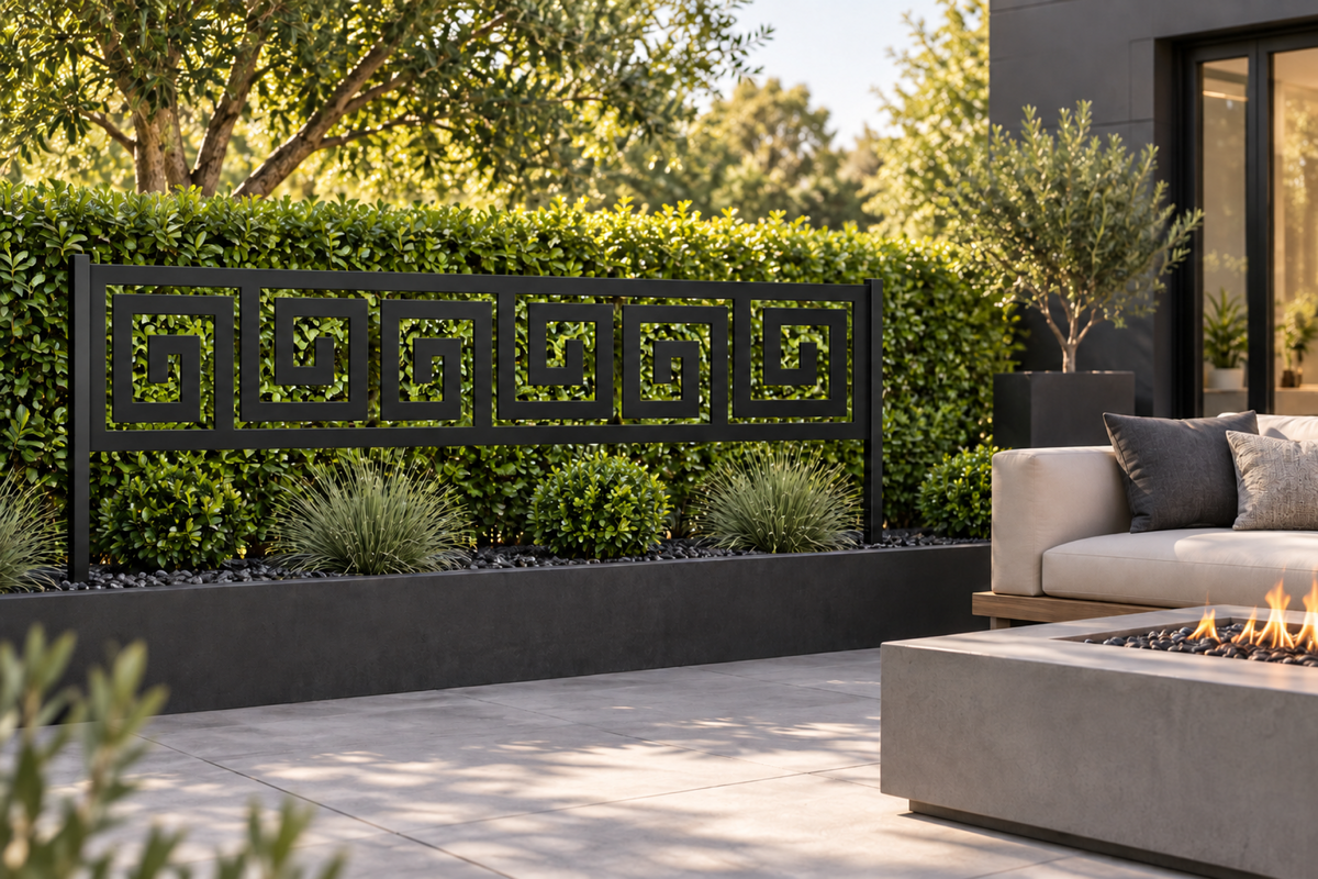 Design 289 Greek Key Border Laser Cut Metal Privacy Screen Panel installed garden daylight view