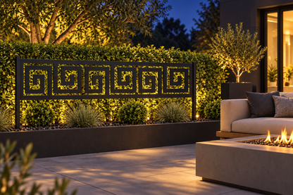 Design 289 Greek Key Border Laser Cut Metal Privacy Screen Panel installed garden night lighting view