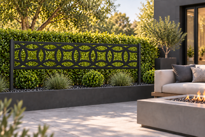 Design 290 Oval Link Border Laser Cut Metal Privacy Screen Panel installed garden daylight view