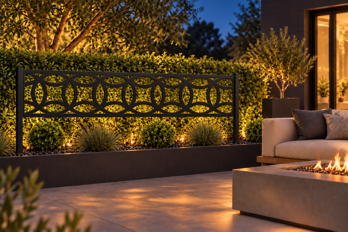 Design 290 Oval Link Border Laser Cut Metal Privacy Screen Panel installed garden night lighting view