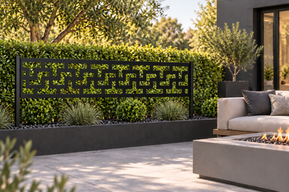 Design 291 Rectangular Key Border Laser Cut Metal Privacy Screen Panel installed garden daylight view
