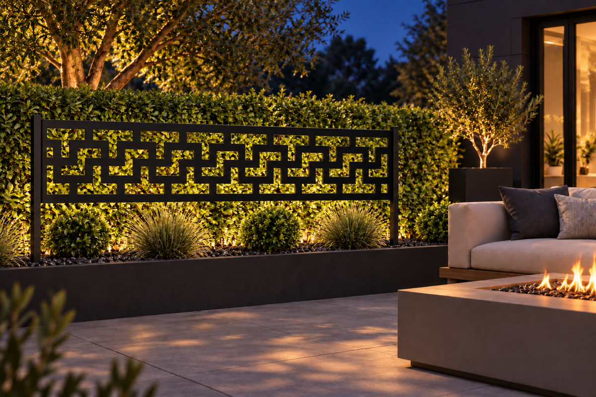 Design 291 Rectangular Key Border Laser Cut Metal Privacy Screen Panel installed garden night lighting view