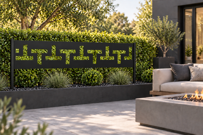 Design 292 Step Key Border Laser Cut Metal Privacy Screen Panel installed garden daylight view
