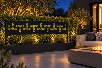 Design 292 Step Key Border Laser Cut Metal Privacy Screen Panel installed garden night lighting view