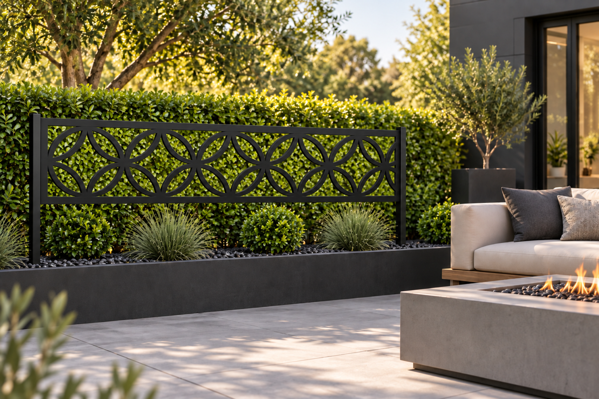 Design 293 Flower Ring Border Laser Cut Metal Privacy Screen Panel installed garden daylight view