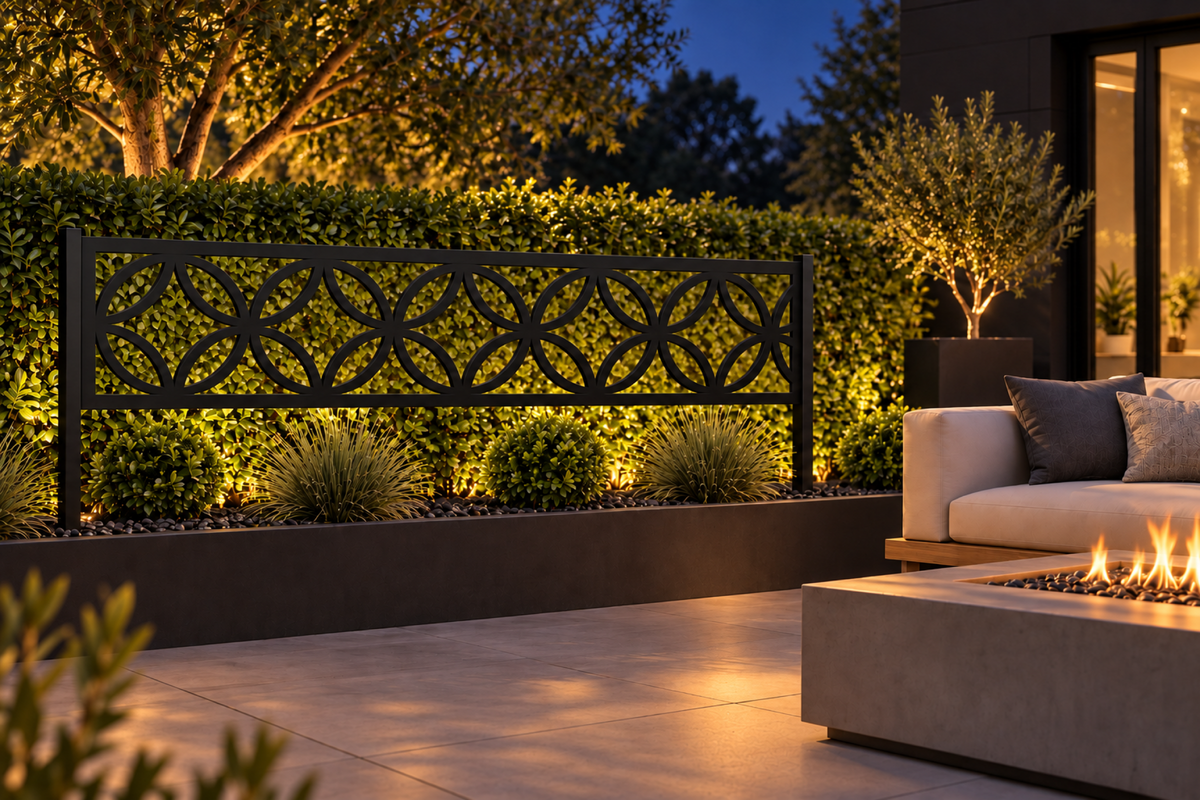 Design 293 Flower Ring Border Laser Cut Metal Privacy Screen Panel installed garden night lighting view