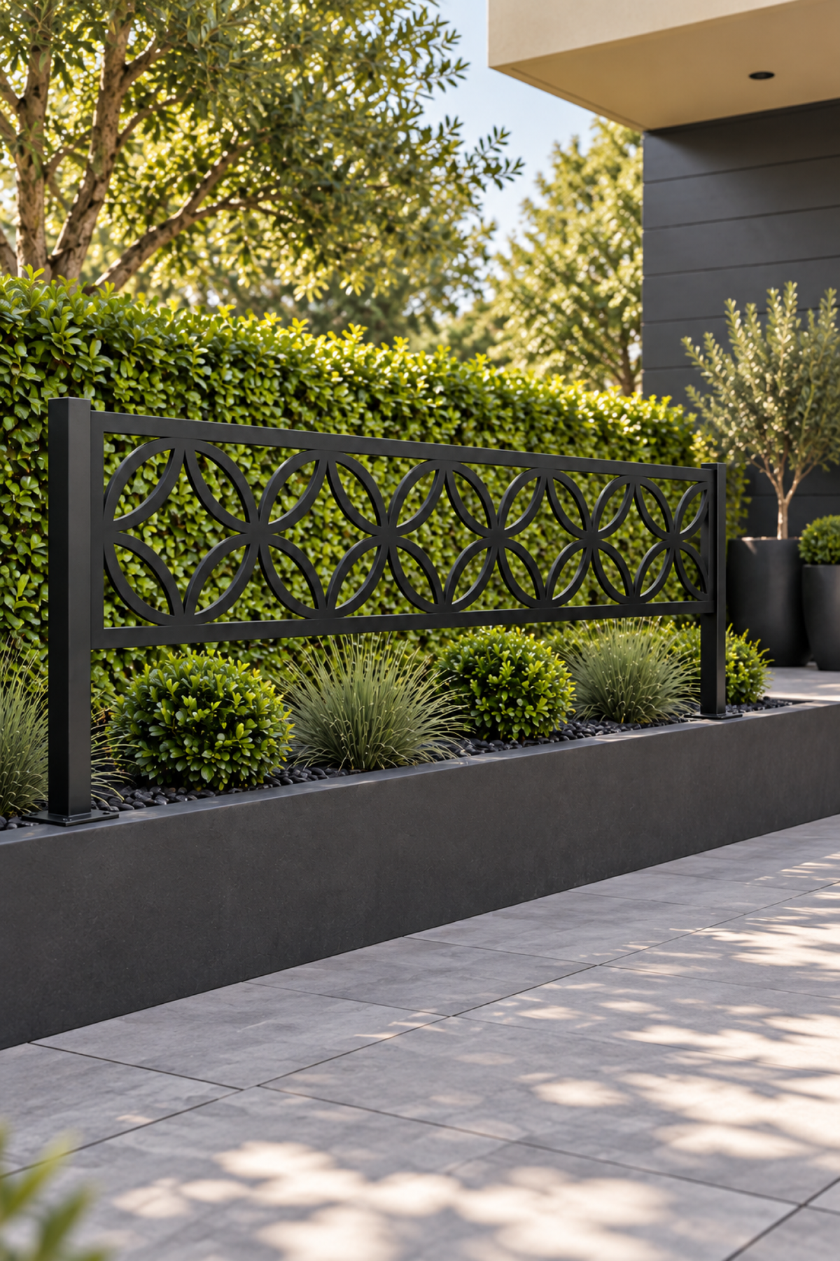 Design 293 Flower Ring Border Laser Cut Metal Privacy Screen Panel oblique angle view