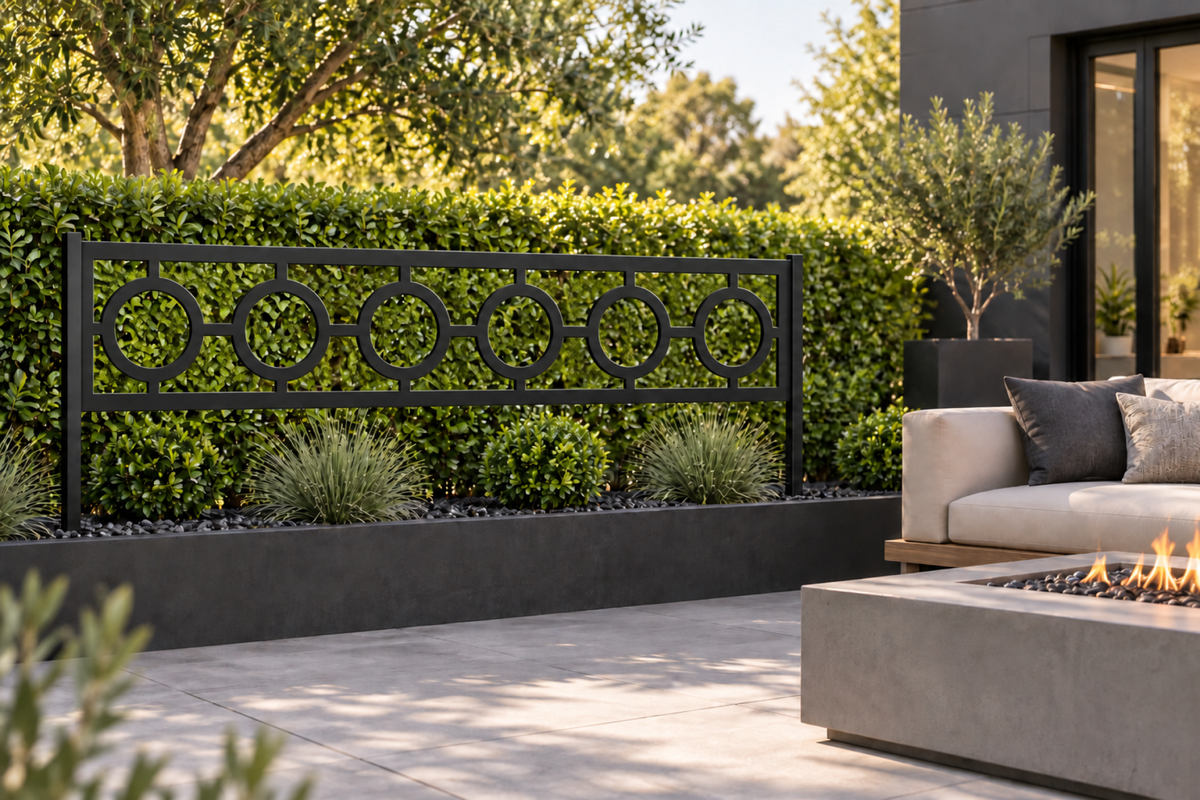 Design 294 Circle Bar Border Laser Cut Metal Privacy Screen Panel installed garden daylight view