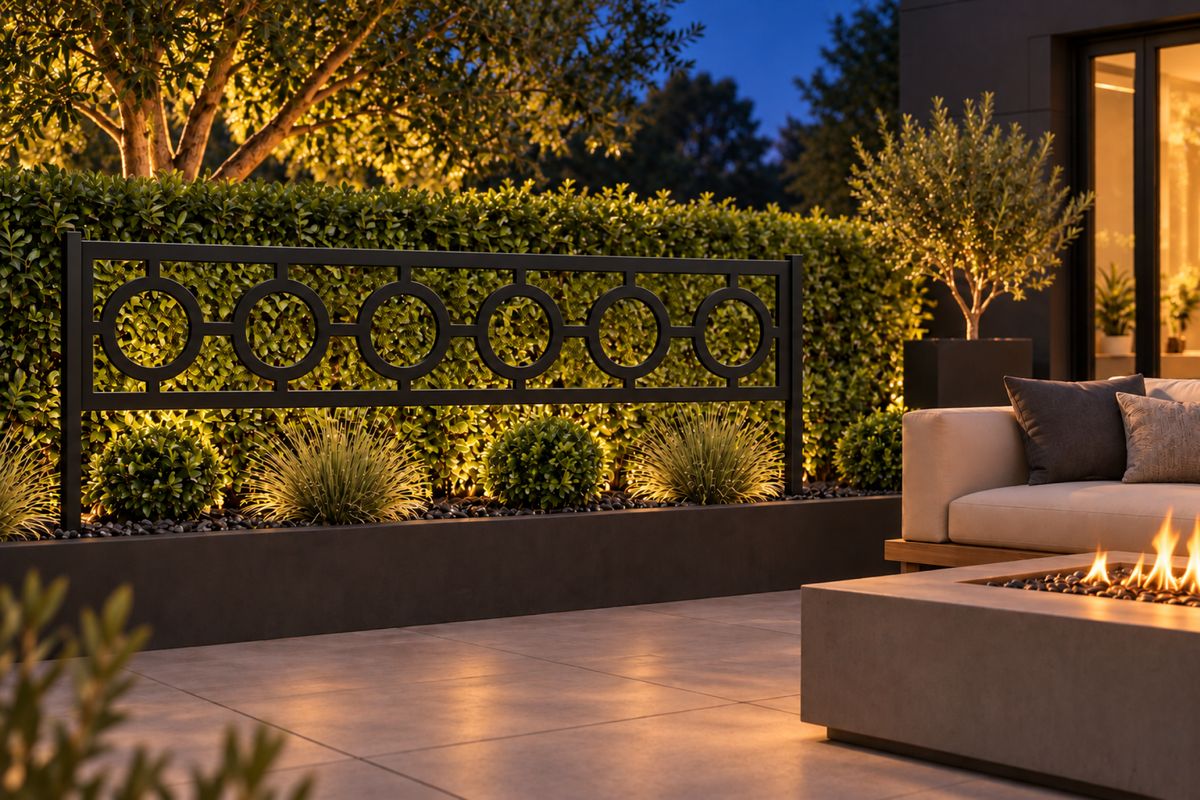 Design 294 Circle Bar Border Laser Cut Metal Privacy Screen Panel installed garden night lighting view