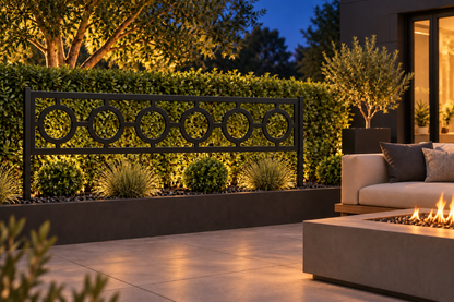 Design 294 Circle Bar Border Laser Cut Metal Privacy Screen Panel installed garden night lighting view