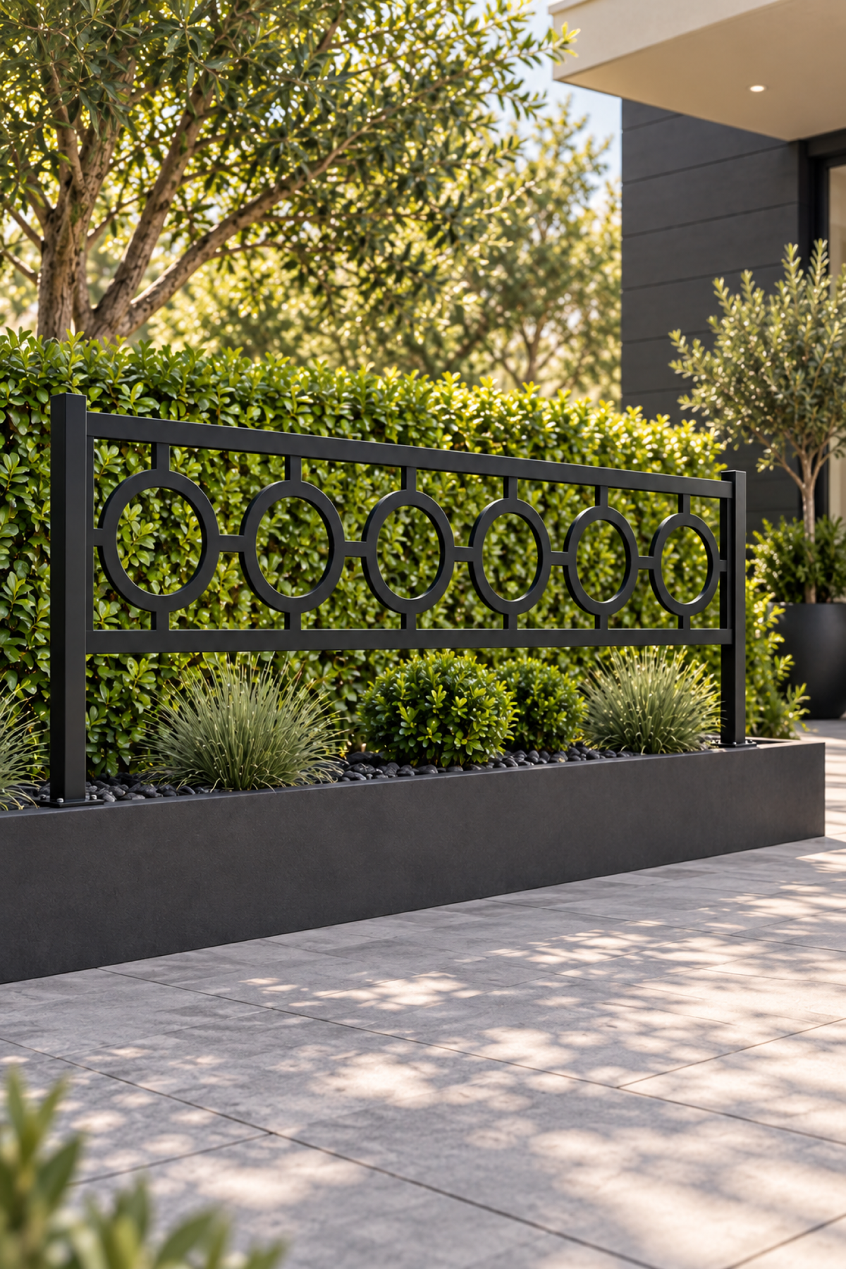 Design 294 Circle Bar Border Laser Cut Metal Privacy Screen Panel oblique angle view