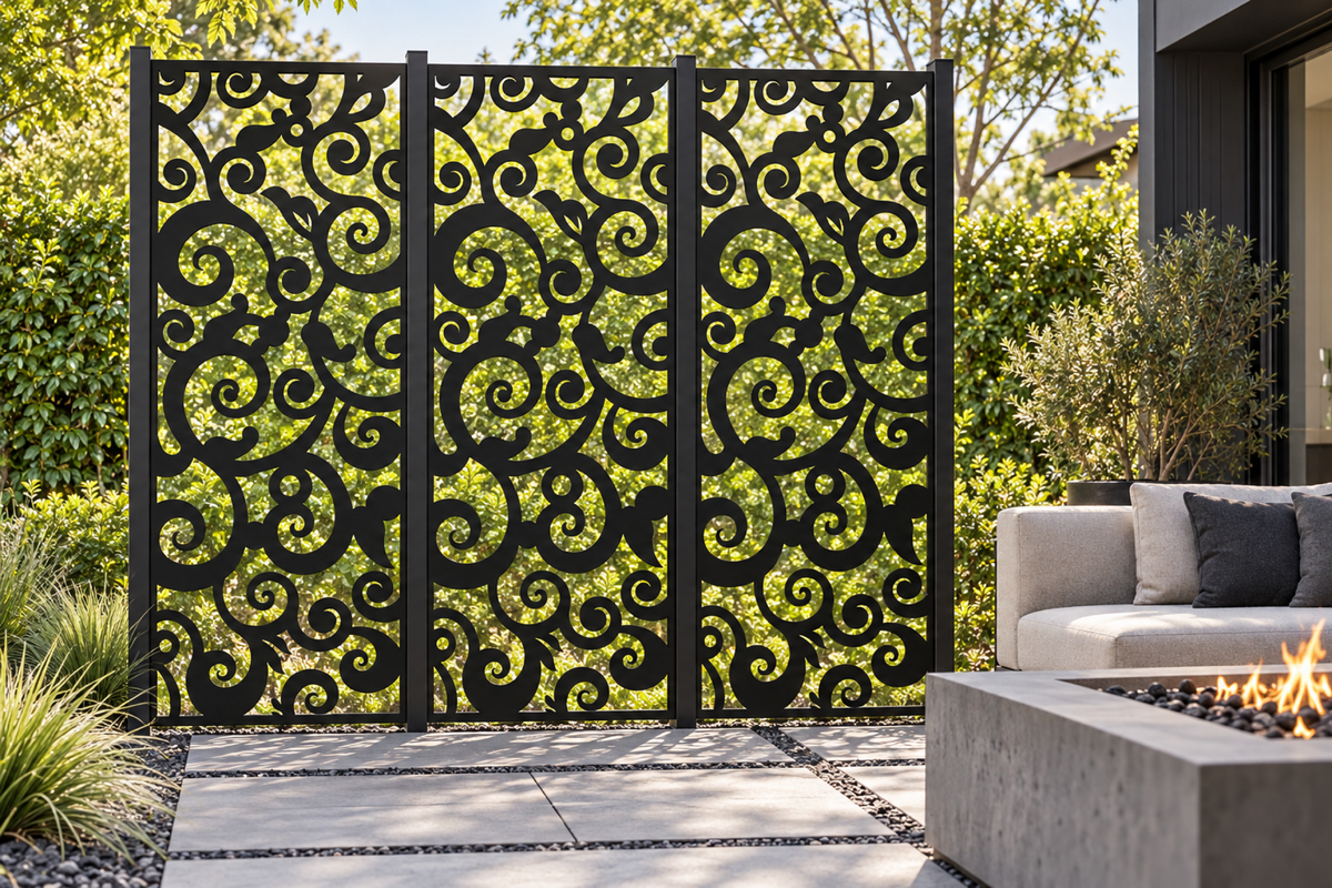 Design 295 Large Cloud Column Laser Cut Metal Privacy Screen Panel installed garden daylight view