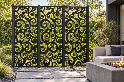 Design 295 Large Cloud Column Laser Cut Metal Privacy Screen Panel installed garden daylight view