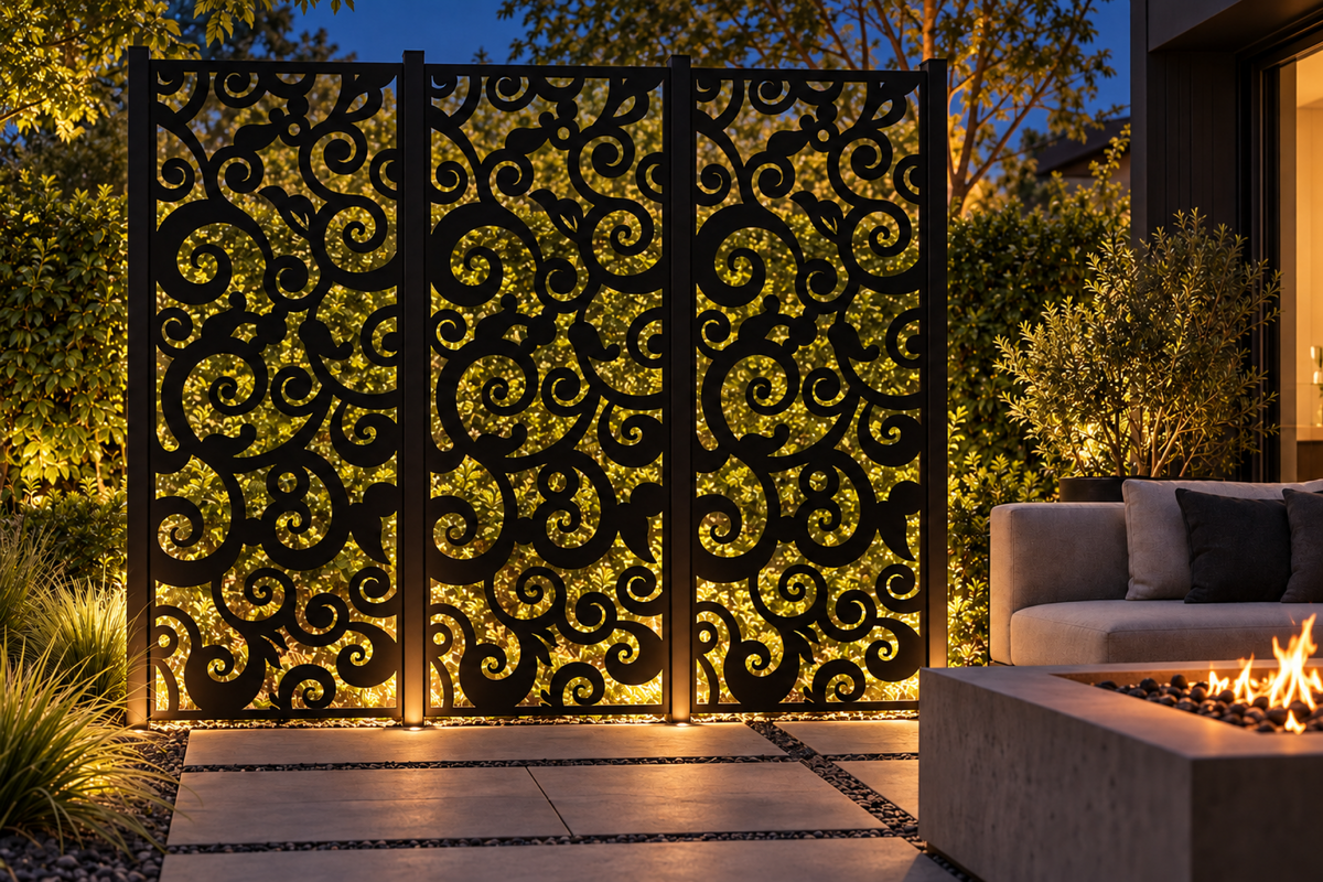 Design 295 Large Cloud Column Laser Cut Metal Privacy Screen Panel installed garden night lighting view