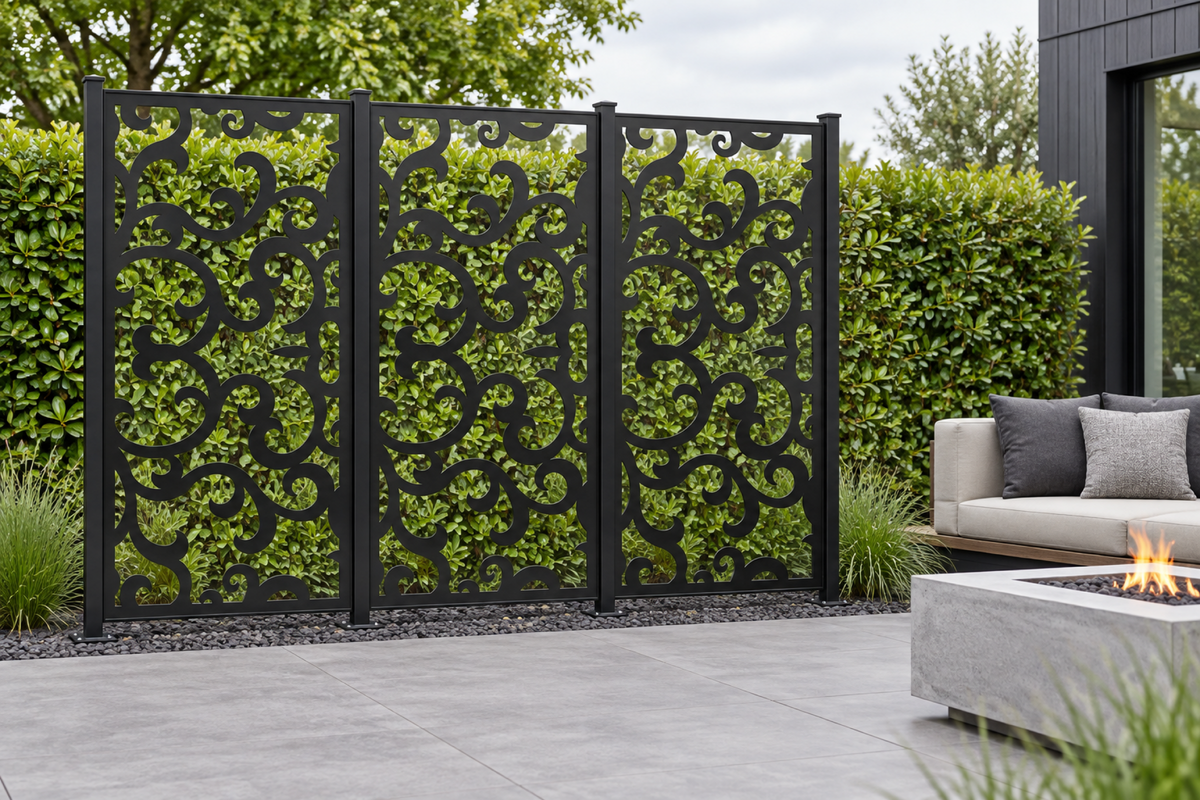 Design 296 Narrow Cloud Column Laser Cut Metal Privacy Screen Panel installed garden daylight view