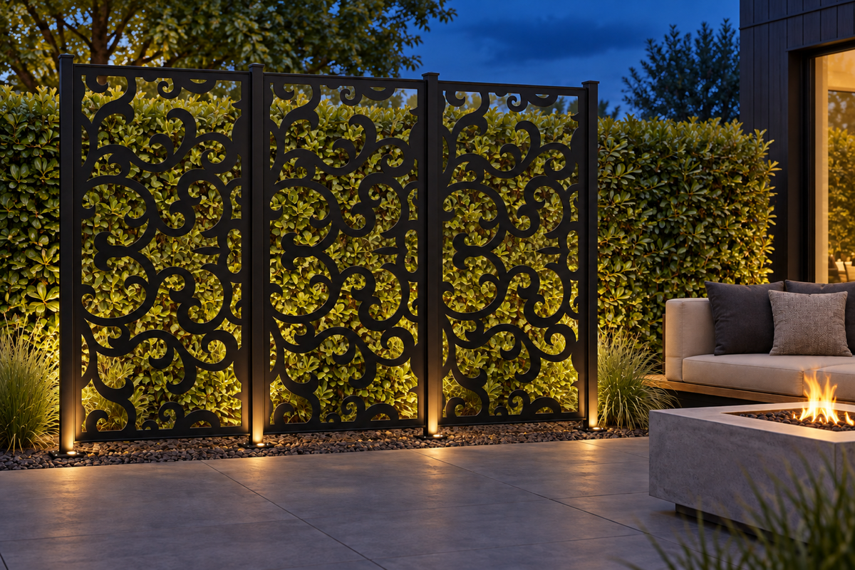 Design 296 Narrow Cloud Column Laser Cut Metal Privacy Screen Panel installed garden night lighting view