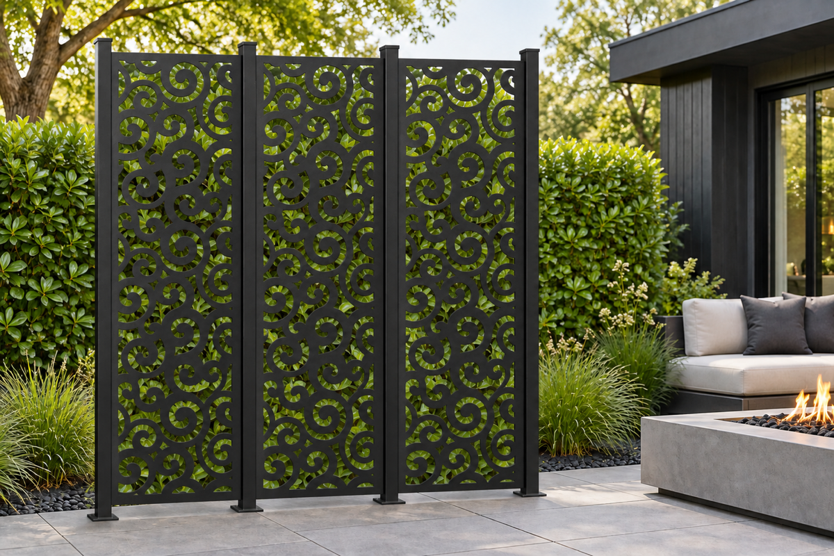 Design 297 Spiral Cloud Column Laser Cut Metal Privacy Screen Panel installed garden daylight view