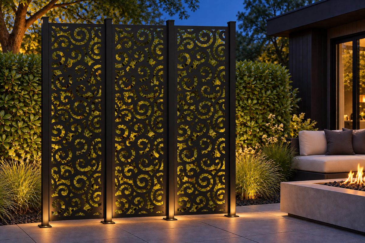 Design 297 Spiral Cloud Column Laser Cut Metal Privacy Screen Panel installed garden night lighting view