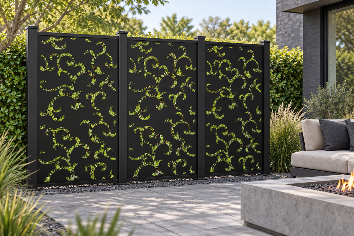 Design 298 Hook Cloud Column Laser Cut Metal Privacy Screen Panel installed garden daylight view