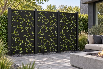 Design 298 Hook Cloud Column Laser Cut Metal Privacy Screen Panel installed garden daylight view